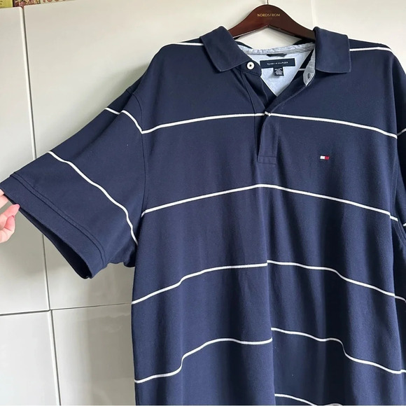 Tommy Hilfiger Polo Men’s Size XXL Navy with White Stripe Knit Short Sleeve 90’s - Picture 2 of 7